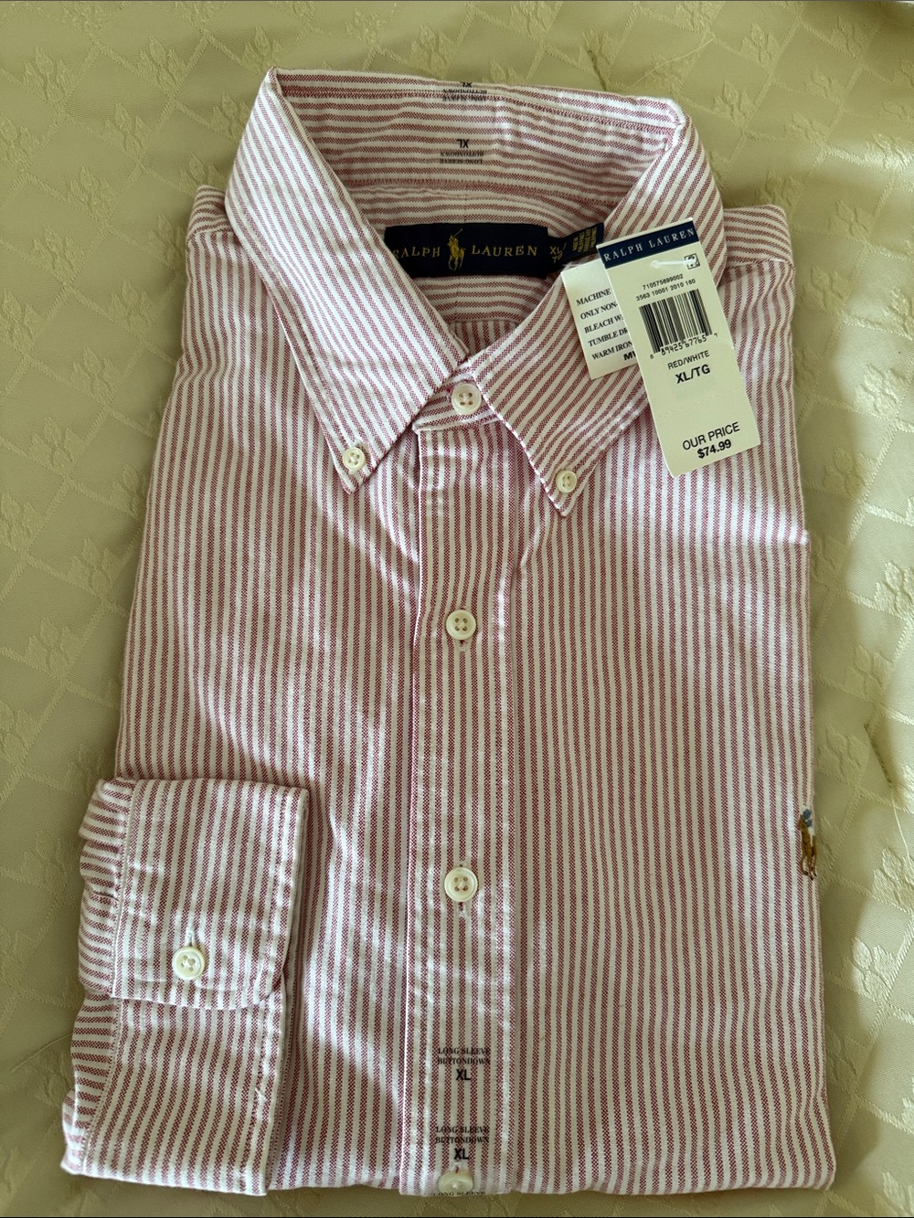 Ralph Lauren Red and White Striped Button-Down Oxford Shirt - Size XL/TG